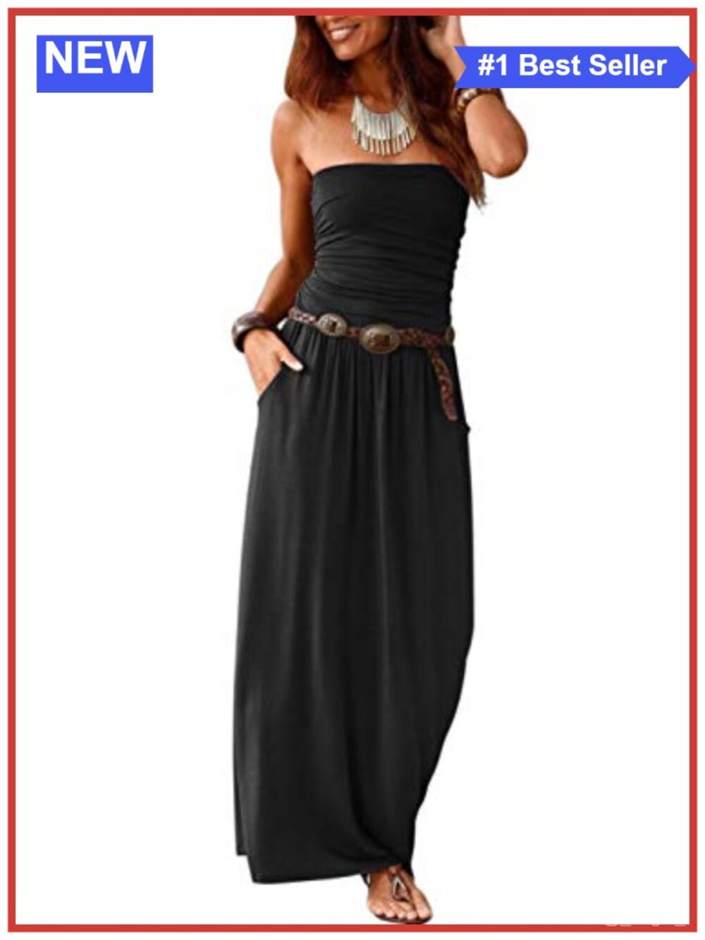 Women's Strapless Bandeau Floral Maxi Dress with Pockets
